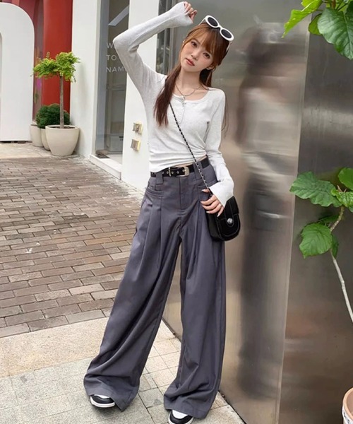 2ly2(トゥーリートゥー)の「ヘンリーネックリブトップス / 長袖カットソー リブトップス フィットトップス(Tシャツ/カットソー・レディース・ホワイト/ブラック/グレー・FREE)」の11枚目の写真