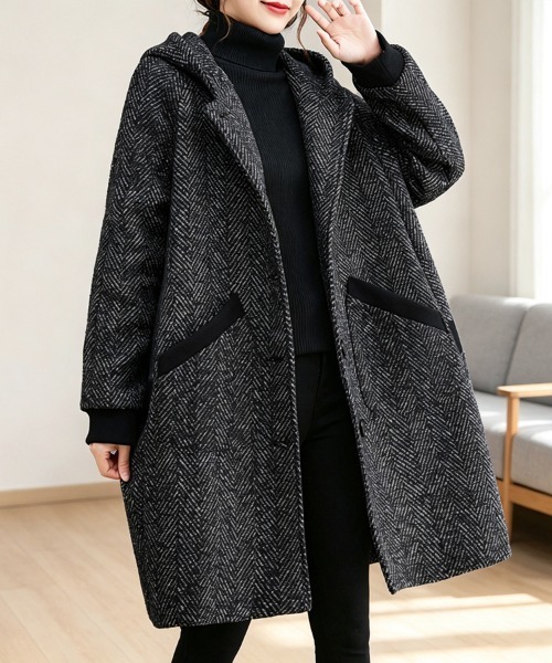 ONEP STAR（ワンピスター）の「ヘリンボーン柄ロング丈フードコート（モッズコート・レディース・グレー・X-LARGE/LARGE）」の2枚目の写真