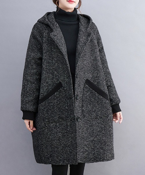 ONEP STAR（ワンピスター）の「ヘリンボーン柄ロング丈フードコート（モッズコート・レディース・グレー・X-LARGE/LARGE）」の3枚目の写真