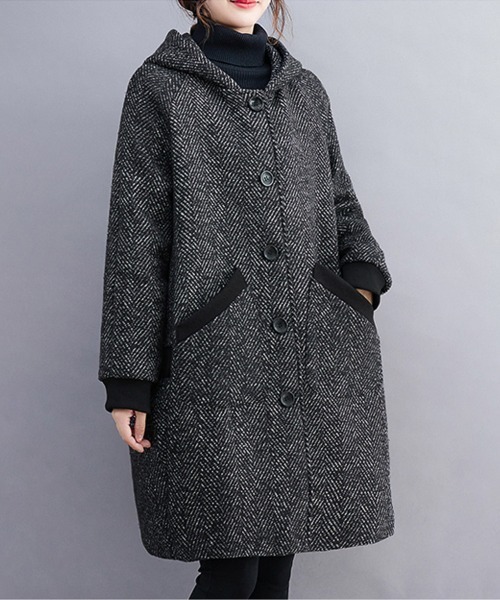 ONEP STAR（ワンピスター）の「ヘリンボーン柄ロング丈フードコート（モッズコート・レディース・グレー・X-LARGE/LARGE）」の4枚目の写真