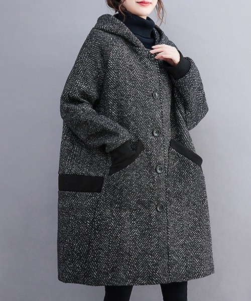 ONEP STAR（ワンピスター）の「ヘリンボーン柄ロング丈フードコート（モッズコート・レディース・グレー・X-LARGE/LARGE）」の8枚目の写真