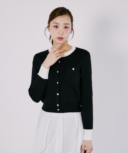 tocco closet（トッコ　クローゼット）の「ウール混パッチポケットカーディガン（カーディガン/ボレロ・レディース・ライトピンク/ブラック×ホワイト/ブラック・M）」の6枚目の写真