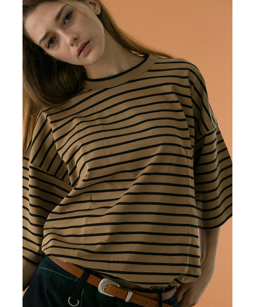 MONKEY TIME(モンキータイム)の「<monkey time> SIL/BORDER WIDE TEE/ワイドTシャツ(Tシャツ/カットソー・メンズ・ベージュ/ブラック・SMALL/MEDIUM/X-LARGE/LARGE)」の4枚目の写真