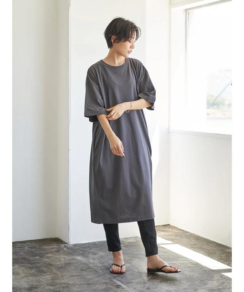 AMERICAN HOLIC（アメリカンホリック）の「ドロップショルダー5分袖カットマキシワンピース　＊〇（ワンピース・レディース・チャコールグレー/ネイビー/ブラウン/カーキ/グレイッシュベージュ・FREE）」の2枚目の写真