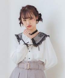 リボン付き配色レース衿長袖BL