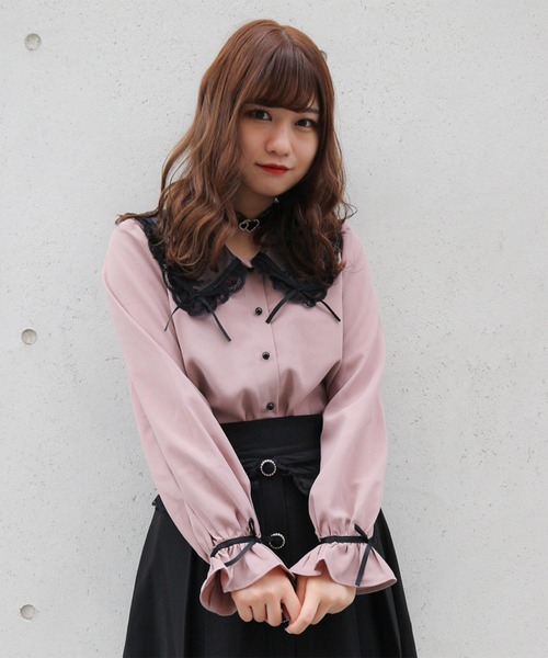 セール】リボン付き配色レース衿長袖BL（シャツ/ブラウス）｜ROJITA