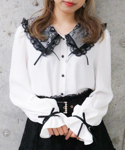 ROJITA(ロジータ)の「リボン付き配色レース衿長袖BL(シャツ/ブラウス・レディース・ホワイト/ブラック/ピンク・FREE)」の15枚目の写真