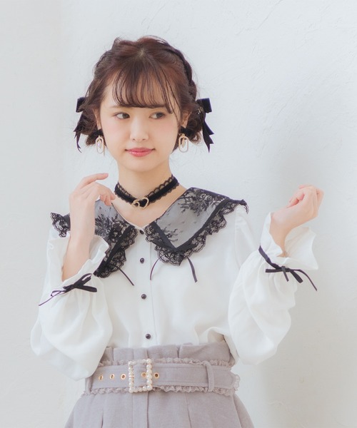 ROJITA(ロジータ)の「リボン付き配色レース衿長袖BL(シャツ/ブラウス・レディース・ホワイト/ブラック/ピンク・FREE)」の5枚目の写真