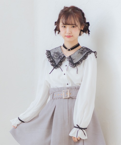 ROJITA(ロジータ)の「リボン付き配色レース衿長袖BL(シャツ/ブラウス・レディース・ホワイト/ブラック/ピンク・FREE)」の6枚目の写真