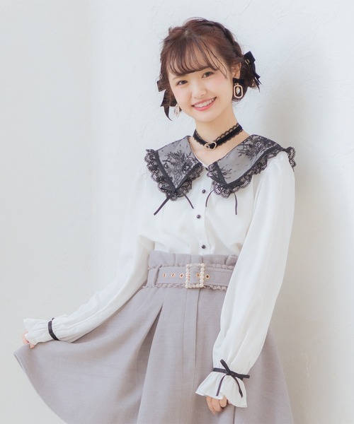 ROJITA(ロジータ)の「リボン付き配色レース衿長袖BL(シャツ/ブラウス・レディース・ホワイト/ブラック/ピンク・FREE)」の7枚目の写真
