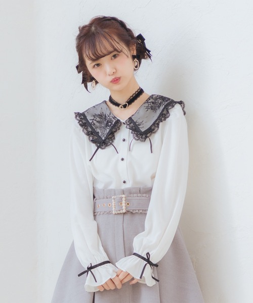 ROJITA(ロジータ)の「リボン付き配色レース衿長袖BL(シャツ/ブラウス・レディース・ホワイト/ブラック/ピンク・FREE)」の8枚目の写真