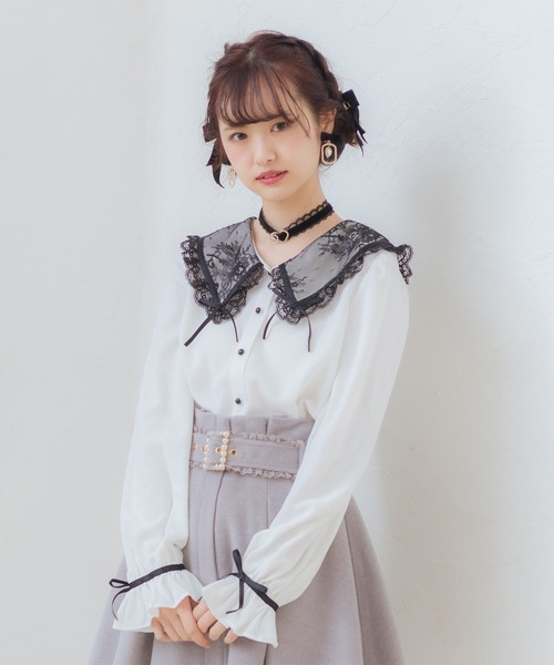 ROJITA(ロジータ)の「リボン付き配色レース衿長袖BL(シャツ/ブラウス・レディース・ホワイト/ブラック/ピンク・FREE)」の11枚目の写真