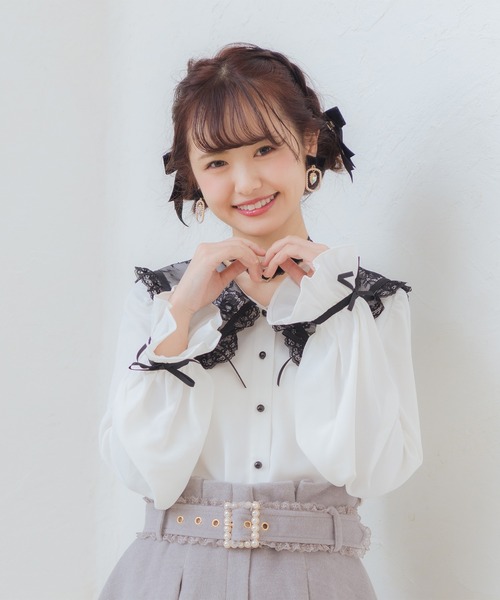ROJITA(ロジータ)の「リボン付き配色レース衿長袖BL(シャツ/ブラウス・レディース・ホワイト/ブラック/ピンク・FREE)」の14枚目の写真