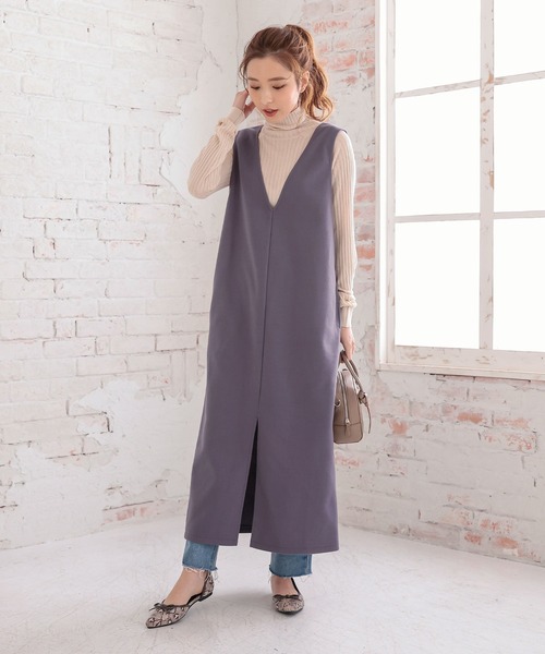 KOBE LETTUCE（コウベレタス）の「フェイクウールVネックバックスリットジャンスカ（ジャンパースカート・レディース・ブラック系その他/グレー系その他/グリーン系その他・FREE）」の2枚目の写真