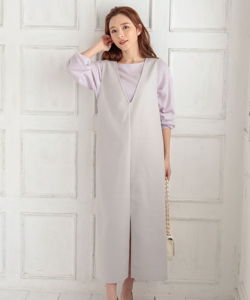 KOBE LETTUCE（コウベレタス）の「フェイクウールVネックバックスリットジャンスカ（ジャンパースカート・レディース・ブラック系その他/グレー系その他/グリーン系その他・FREE）」の3枚目の写真