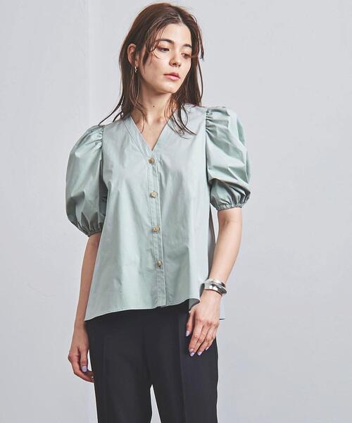 VONDEL（フォンデル）の「＜VONDEL（フォンデル）＞Vネック ギャザースリーブ ブラウス（シャツ/ブラウス・レディース・ライトブルー/ブラック・36）」の7枚目の写真