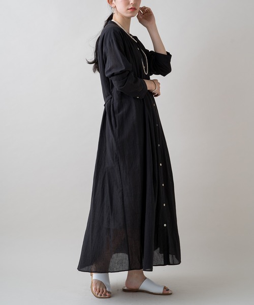 【美品】ORIGINAL-LANZネイビー シャツワンピース ドレスワンピース LOUNGEDRESS（ラウンジドレス）の「ボイルクリンクルシャツ
