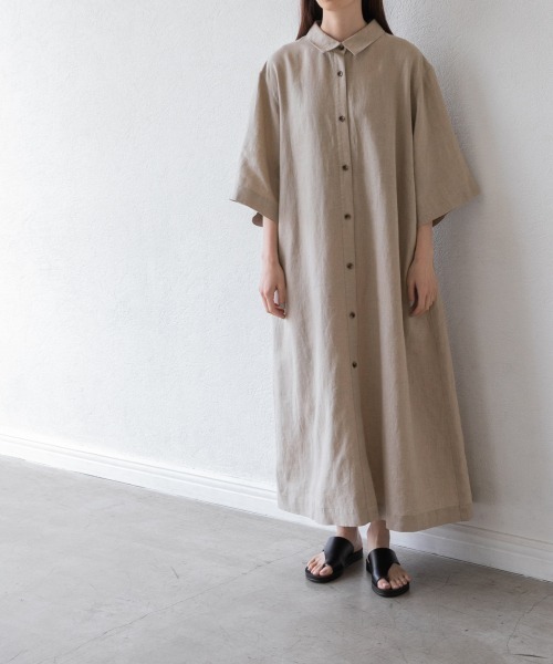 yuw（ユウ）の「リネンシャツワンピース　948121（ワンピース・レディース・ブラック/ベージュ/オレンジ/ブルー・FREE）」の2枚目の写真