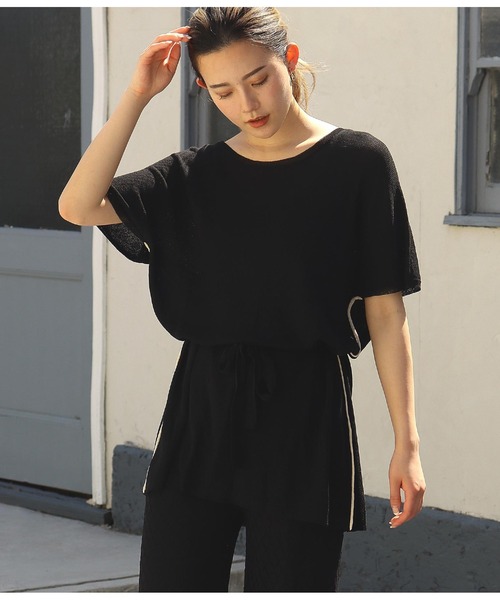 Alluge（アルージュ）の「配色ラインチュニック&透かしパンツ セットアップ（つなぎ/オールインワン・レディース・ブラック/カーキ・FREE）」の4枚目の写真