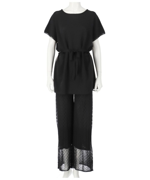 Alluge（アルージュ）の「配色ラインチュニック&透かしパンツ セットアップ（つなぎ/オールインワン・レディース・ブラック/カーキ・FREE）」の5枚目の写真