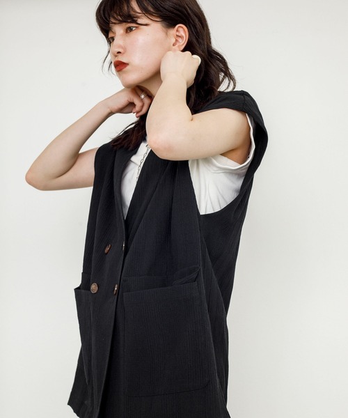 w closet（ダブルクローゼット）の「【新色追加】チェック調オーバーベスト（ベスト・レディース・ブラック/ベージュ/モカ・FREE）」の22枚目の写真