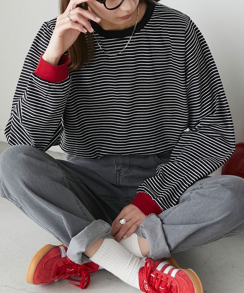 BONLECILL(ボンルシール)の「ミニボーダーリンガーロンT(Tシャツ/カットソー・レディース・ブラック/ブラウン/ブルー/グリーン/ワイン/イエロー/モスグリーン/ホワイト系その他2/ピンク系その他2/サックスブルー/ホワイト系その他3/グリーン系その他/ピンク系その他/ラベンダー/ホワイト系その他/グリーン系その他2/ブルー系その他/グレー系1/ブラック系1・FREE)」の5枚目の写真