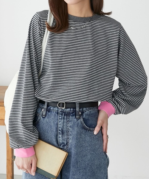 BONLECILL(ボンルシール)の「ミニボーダーリンガーロンT(Tシャツ/カットソー・レディース・ブラック/ブラウン/ブルー/グリーン/ワイン/イエロー/モスグリーン/ホワイト系その他2/ピンク系その他2/サックスブルー/ホワイト系その他3/グリーン系その他/ピンク系その他/ラベンダー/ホワイト系その他/グリーン系その他2/ブルー系その他/グレー系1/ブラック系1・FREE)」の6枚目の写真