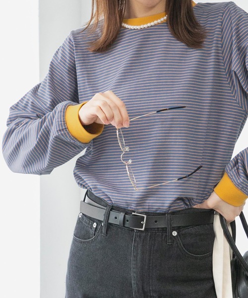 BONLECILL(ボンルシール)の「ミニボーダーリンガーロンT(Tシャツ/カットソー・レディース・ブラック/ブラウン/ブルー/グリーン/ワイン/イエロー/モスグリーン/ホワイト系その他2/ピンク系その他2/サックスブルー/ホワイト系その他3/グリーン系その他/ピンク系その他/ラベンダー/ホワイト系その他/グリーン系その他2/ブルー系その他/グレー系1/ブラック系1・FREE)」の14枚目の写真