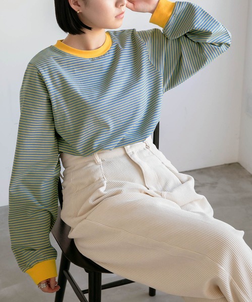 BONLECILL(ボンルシール)の「ミニボーダーリンガーロンT(Tシャツ/カットソー・レディース・ブラック/ブラウン/ブルー/グリーン/ワイン/イエロー/モスグリーン/ホワイト系その他2/ピンク系その他2/サックスブルー/ホワイト系その他3/グリーン系その他/ピンク系その他/ラベンダー/ホワイト系その他/グリーン系その他2/ブルー系その他/グレー系1/ブラック系1・FREE)」の12枚目の写真