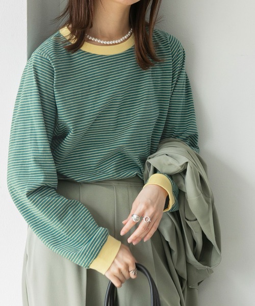 BONLECILL(ボンルシール)の「ミニボーダーリンガーロンT(Tシャツ/カットソー・レディース・ブラック/ブラウン/ブルー/グリーン/ワイン/イエロー/モスグリーン/ホワイト系その他2/ピンク系その他2/サックスブルー/ホワイト系その他3/グリーン系その他/ピンク系その他/ラベンダー/ホワイト系その他/グリーン系その他2/ブルー系その他/グレー系1/ブラック系1・FREE)」の11枚目の写真