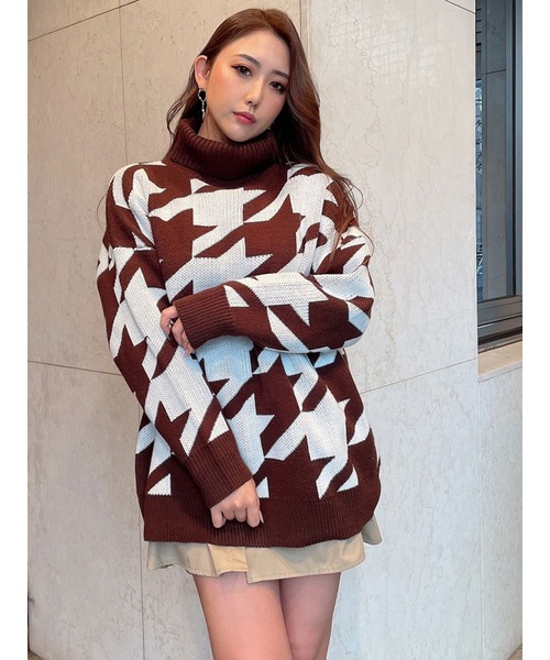 DURAS（デュラス）の「千鳥柄タートルネックチュニック（ニット