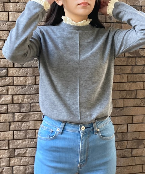Loco Ocean（ロコオーシャン）の「レイヤード風 レース付き裏起毛綺麗めトップス（Tシャツ/カットソー・レディース・ブラック/ベージュ/グレー/チャコール・FREE）」の5枚目の写真