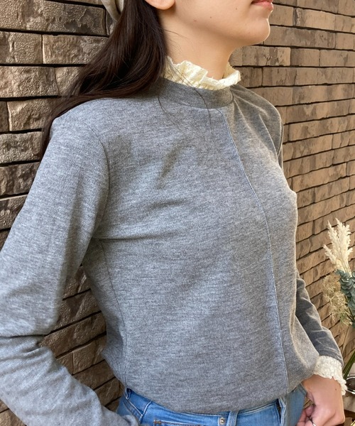 Loco Ocean（ロコオーシャン）の「レイヤード風 レース付き裏起毛綺麗めトップス（Tシャツ/カットソー・レディース・ブラック/ベージュ/グレー/チャコール・FREE）」の12枚目の写真