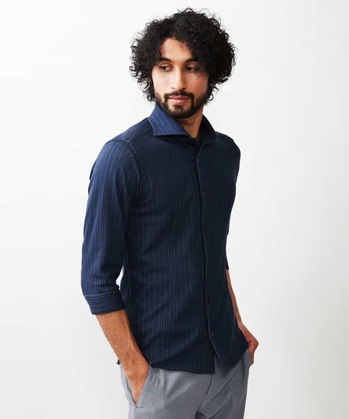 MICHEL KLEIN HOMME   （ミッシェルクランオム）の「ストライプ七分袖シャツ（シャツ/ブラウス・メンズ・ホワイト/ネイビー/ピンク/グリーン・MEDIUM/LARGE/X-LARGE）」の3枚目の写真