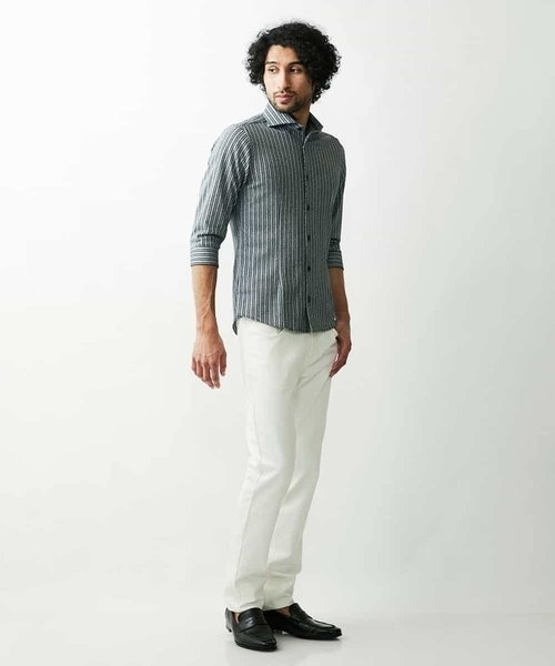 MICHEL KLEIN HOMME   （ミッシェルクランオム）の「ストライプ七分袖シャツ（シャツ/ブラウス・メンズ・ホワイト/ネイビー/ピンク/グリーン・MEDIUM/LARGE/X-LARGE）」の5枚目の写真