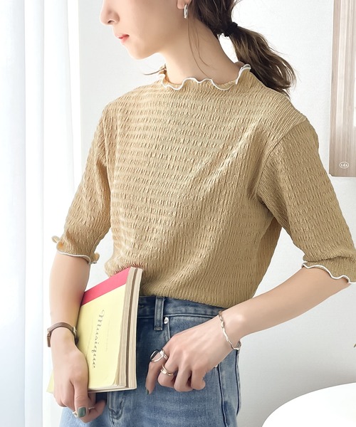 classicalelf(クラシカルエルフ)の「華やぐ1枚。配色メロウハイネック5分袖トップス(Tシャツ/カットソー・レディース・ホワイト/ブラック/ベージュ/グリーン/スモークピンク・SMALL/MEDIUM/LARGE/X-LARGE)」の13枚目の写真