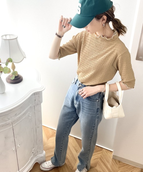 classicalelf(クラシカルエルフ)の「華やぐ1枚。配色メロウハイネック5分袖トップス(Tシャツ/カットソー・レディース・ホワイト/ブラック/ベージュ/グリーン/スモークピンク・SMALL/MEDIUM/LARGE/X-LARGE)」の14枚目の写真