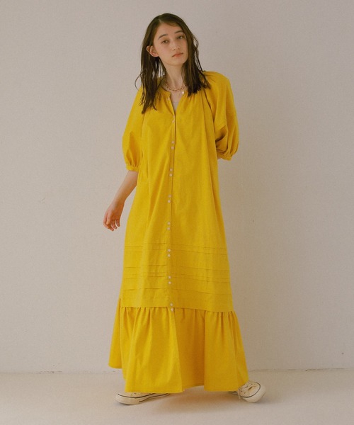 ReNorm（リノーム）の「ボリュームスリーブシャツワンピース（シャツワンピース・レディース・ネイビー/イエロー/ホワイト×グリーン/ネイビー×ホワイト/オフホワイト・フリー）」の5枚目の写真