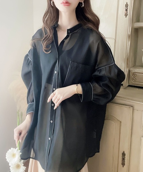 classicalelf（クラシカルエルフ）の「大人のフェミニン。シアーバンドカラー オーバーサイズ ビッグシャツ（シャツ/ブラウス・レディース・グレイッシュベージュ/ライトカーキ/ホワイト/ブラウン/ブラック/ブルー・X-LARGE/LARGE/SMALL/MEDIUM）」の12枚目の写真