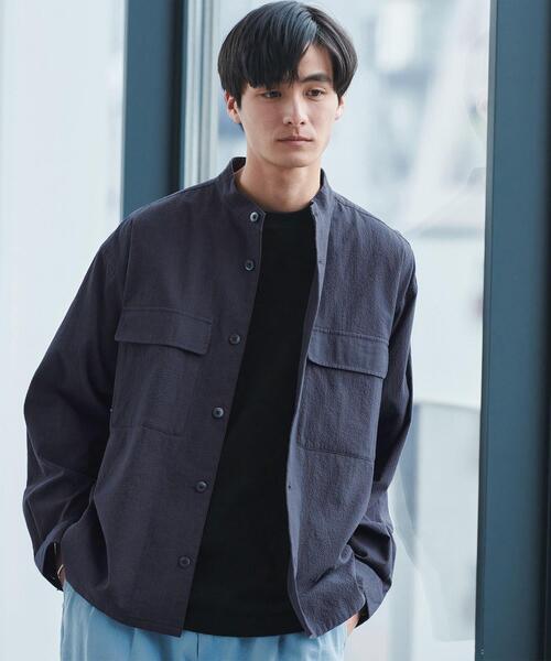 green label relaxing（グリーンレーベルリラクシング）の「リップルチェック ダブルパッチ バンドカラー シャツブルゾン（シャツ/ブラウス・メンズ・ケリー/ナチュラル/ダークグレー・S/XL/M/L）」の4枚目の写真