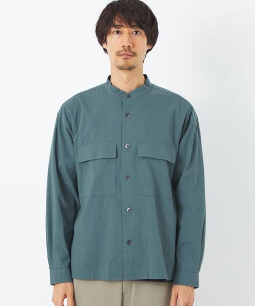 green label relaxing（グリーンレーベルリラクシング）の「リップルチェック ダブルパッチ バンドカラー シャツブルゾン（シャツ/ブラウス・メンズ・ケリー/ナチュラル/ダークグレー・S/XL/M/L）」の7枚目の写真