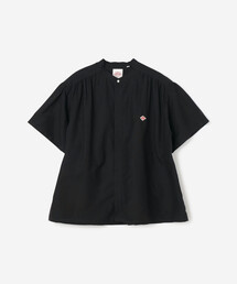 美品⁂ダントン⁂半袖シャツ　ブラウス　バンドカラー　ストライプ　麻混　ギャザー DANTON/ダントン] バンドカラー コットンリネンストライプシャツ