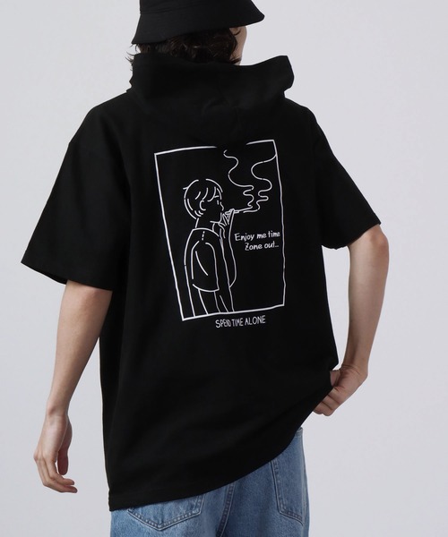 MODISH GAZE(モディシュガゼ)の「MODISH GAZE 線画 Just Relax半袖Tパーカー(パーカー・メンズ・ブラック/ホワイト・M/XL/L)」の2枚目の写真