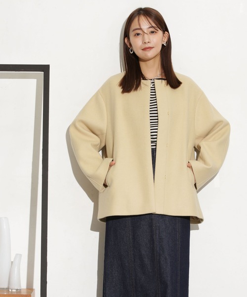 NANO universe（ナノユニバース）の「ハミルトンラムズウールノーカラーショートコート（ノーカラーコート・レディース・グレー系その他4/イエロー/オフホワイト・S/M）」の15枚目の写真