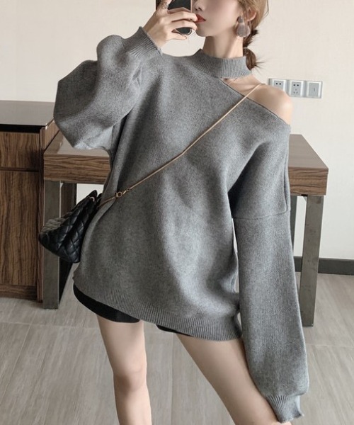 gossip！ロサンゼルス（ゴシップロサンゼルス）の「ワンショルダーカットアウトニット（ニット/セーター・レディース・グレー/ブラウン/オフホワイト/ブラック・FREE）」の5枚目の写真