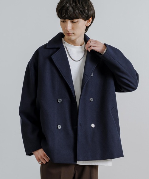 オーバーサイズ　フロントボタン　ピーコート　ブラック ロッキーモンロー Rocky Monroe Pコート ショート丈 ダブルブレスト