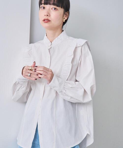 フリルホワイト　1点 セール】ソフトタッチブロード縦フリルブラウス（シャツ