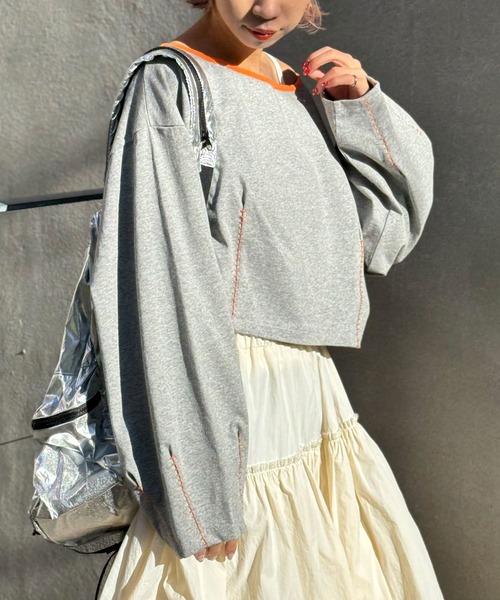 HELLO.SANFRANCISCO（ハローサンフランシスコ）の「【HELLO.SANFRANCISCO/ハローサンフランシスコ】ステッチ刺繍オフショルクロップドTEE（Tシャツ/カットソー・レディース・グレー/オフホワイト/ライム・FREE）」の20枚目の写真