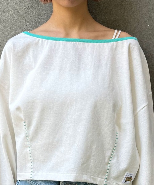 HELLO.SANFRANCISCO（ハローサンフランシスコ）の「【HELLO.SANFRANCISCO/ハローサンフランシスコ】ステッチ刺繍オフショルクロップドTEE（Tシャツ/カットソー・レディース・グレー/オフホワイト/ライム・FREE）」の16枚目の写真