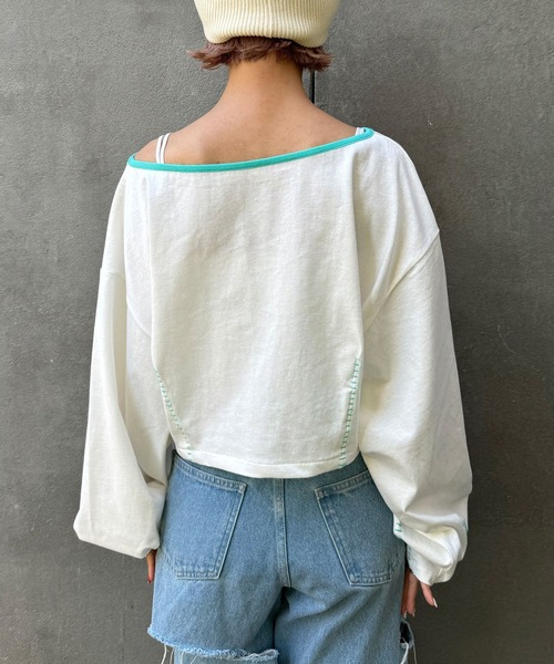 HELLO.SANFRANCISCO（ハローサンフランシスコ）の「【HELLO.SANFRANCISCO/ハローサンフランシスコ】ステッチ刺繍オフショルクロップドTEE（Tシャツ/カットソー・レディース・グレー/オフホワイト/ライム・FREE）」の15枚目の写真